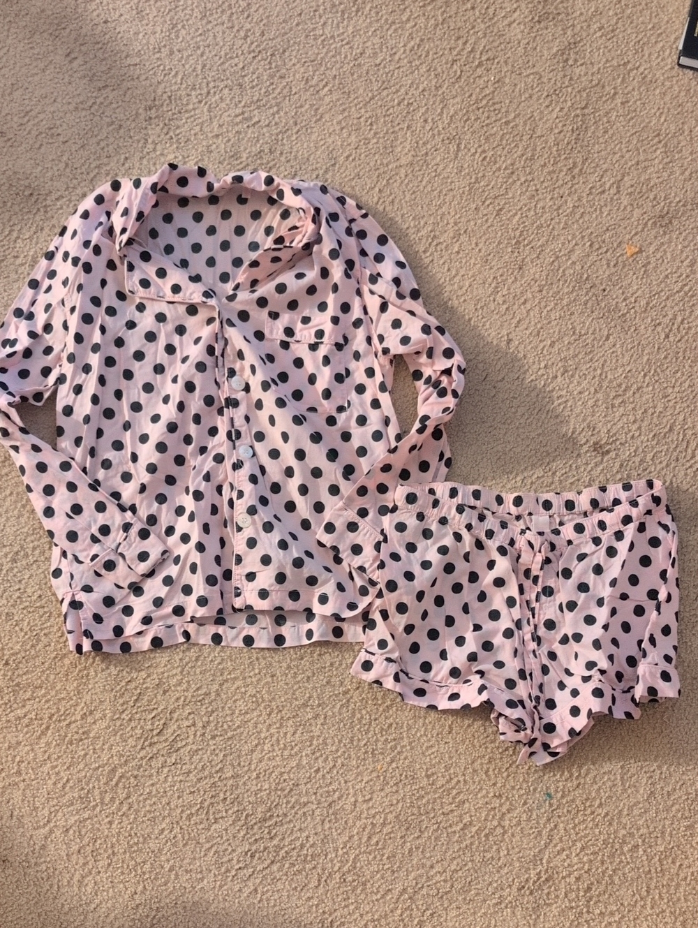 Victoria's Secret Pink and Black Polka Dot Pajama Set - Long Sleeve Top & Shorts